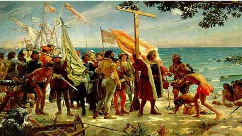 Representación de los taínos en República Dominicana con símbolos de la llegada de Colón en 1492