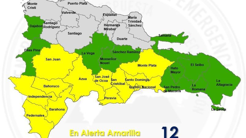Mapa de República Dominicana con zonas marcadas por alerta amarilla y verde ante lluvias de vaguada