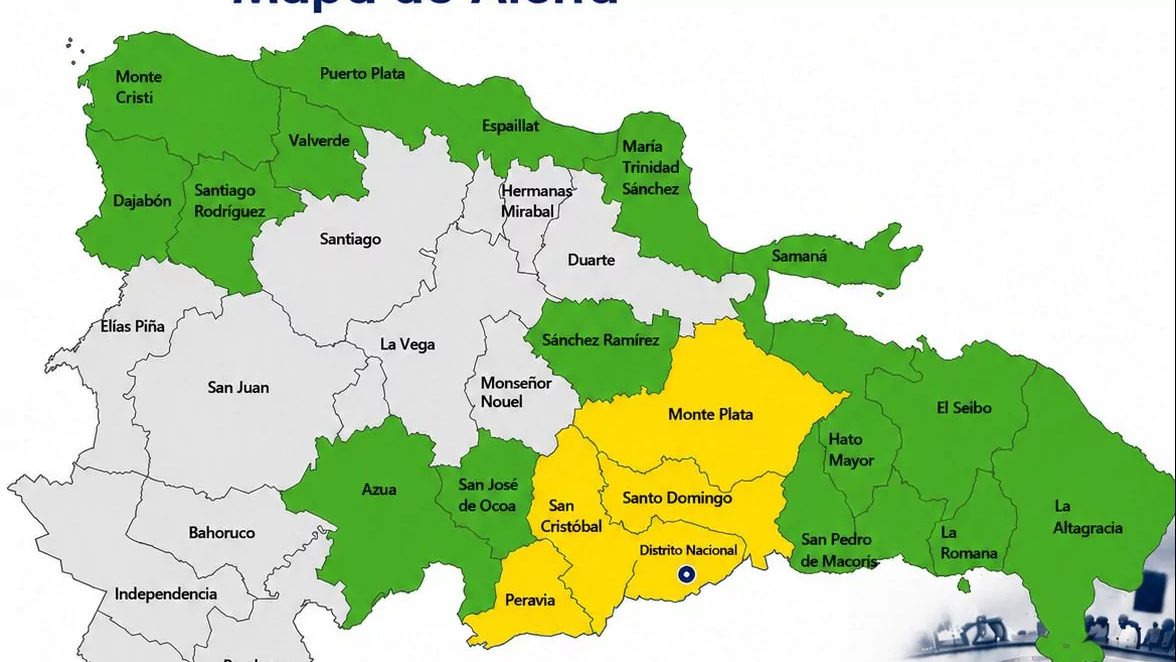 Mapa de alerta del COE con cinco provincias en amarillo por onda tropical en República Dominicana