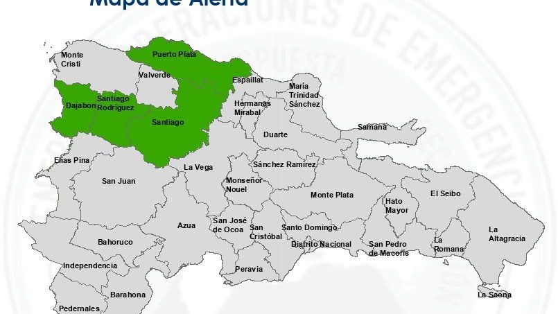Mapa de República Dominicana con las provincias Puerto Plata, Santiago, Santiago Rodríguez y Dajabón marcadas en alerta verde por vaguada