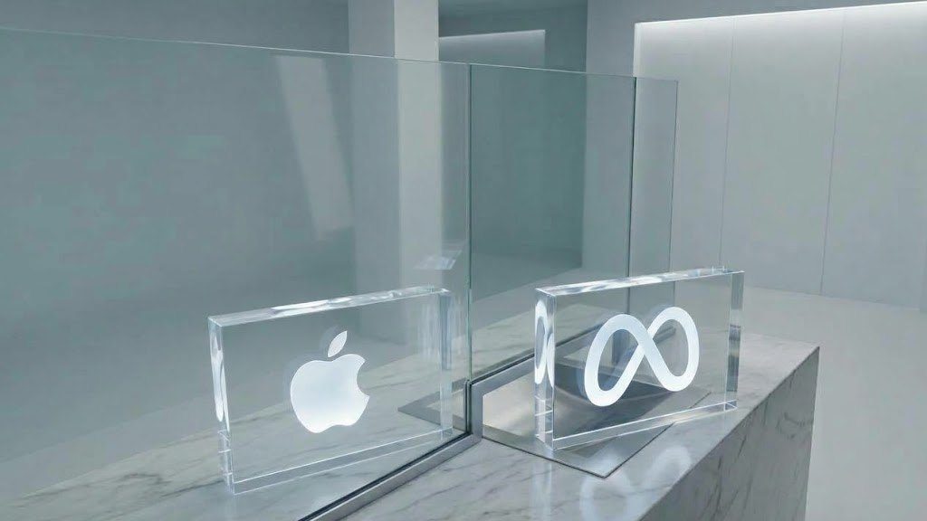 Logo de Apple y Meta frente a una Mac Studio con chip M5 Ultra sobre un escritorio corporativo