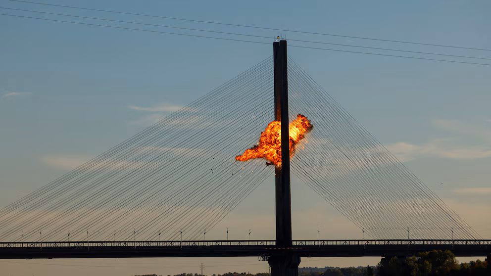 Torreta automatizada con inteligencia artificial instalada en un puente de Kiev como parte del sistema de defensa aérea de Ucrania