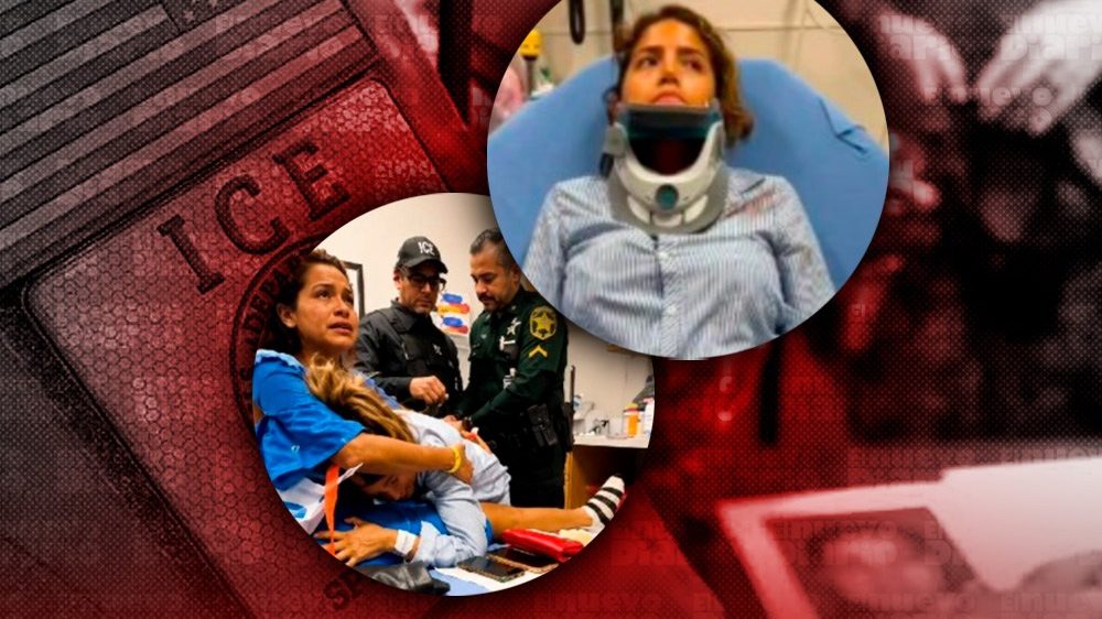 Agentes de ICE escoltando a dos mujeres esposadas fuera del HCA Florida Poinciana tras operativo migratorio