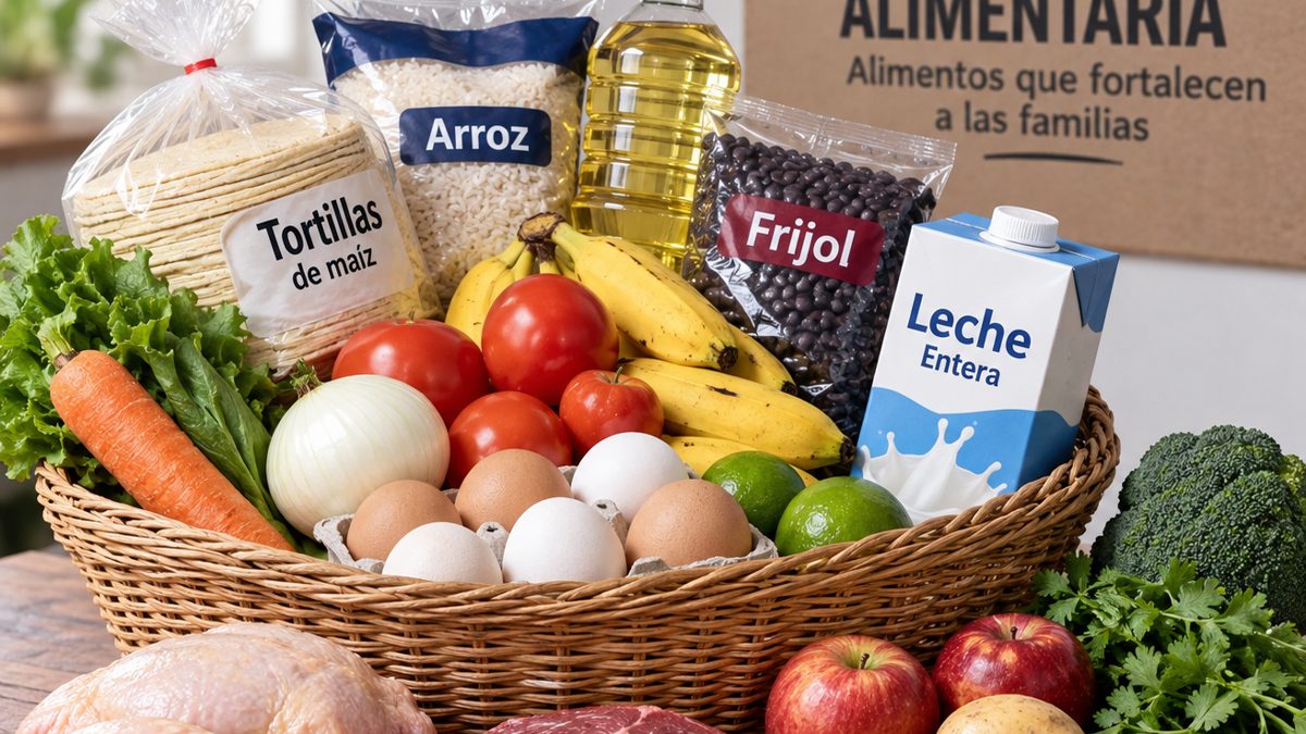 Mujer dominicana revisando precios en un supermercado con carrito lleno de productos de la canasta básica