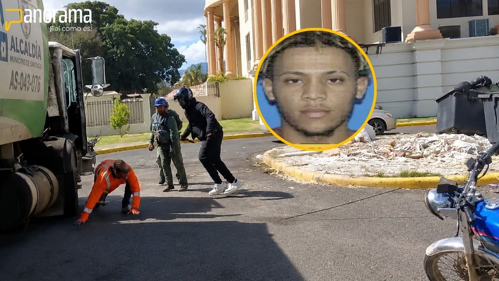 Agentes de seguridad en el parqueo del Palacio de Justicia de Santiago tras el ataque al conductor Deivy Abreu Quezada