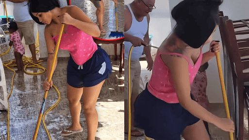 Cardi B limpiando con agua las áreas exteriores de la casa familiar en Castañuelas, Montecristi