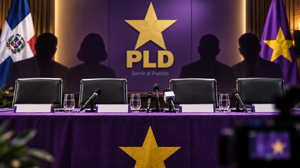 Francisco Javier García hablando en rueda de prensa del PLD con sillas vacías al fondo