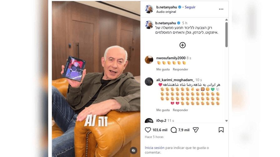 Netanyahu viendo en pantalla un video de inteligencia artificial donde aparece bailando al ritmo de Dame hombro de Bulin 47