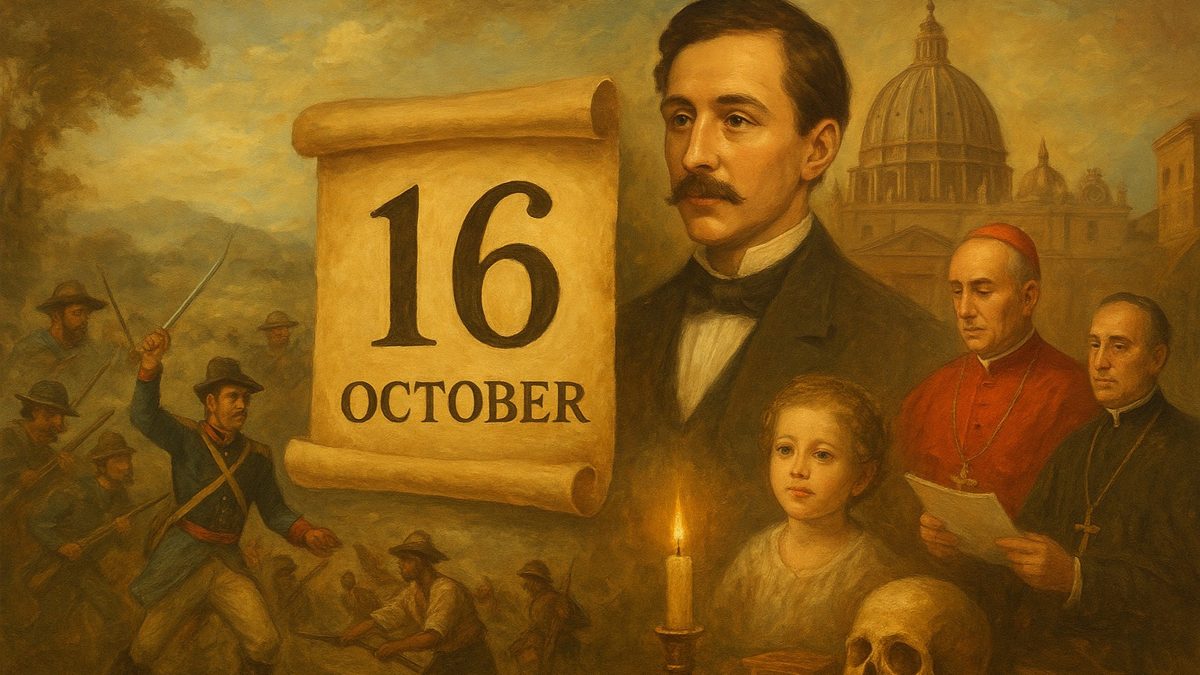 Collage de momentos históricos del 16 de octubre, incluyendo la Restauración dominicana y la fundación de Walt Disney Company