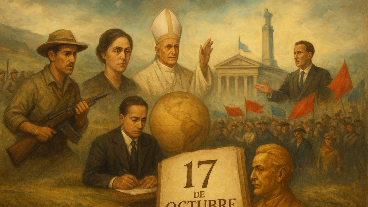 Collage de momentos históricos del 17 de octubre incluyendo la Guerra de la Restauración dominicana y la crisis de los misiles en Cuba