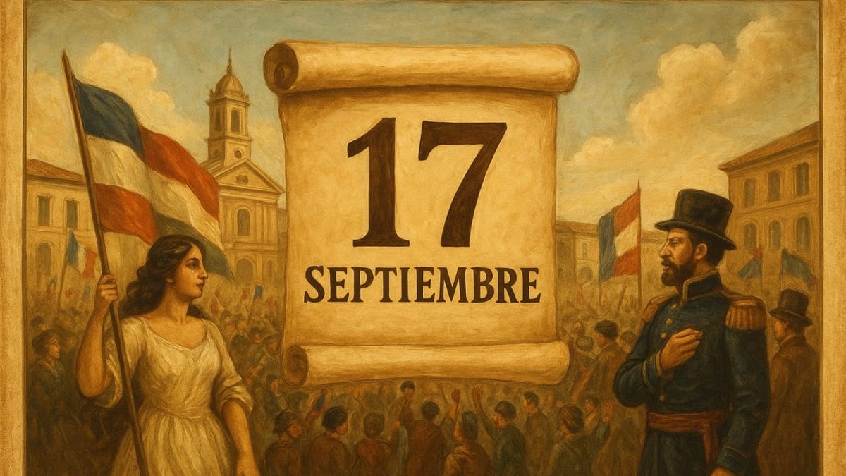 Collage de momentos históricos del 17 de septiembre incluyendo la batalla de La Estrelleta y la firma de la Constitución de EE.UU.