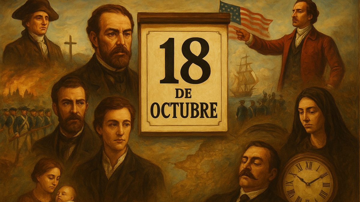 Páginas de libro de historia abierto con fechas y eventos históricos destacados del 18 de octubre