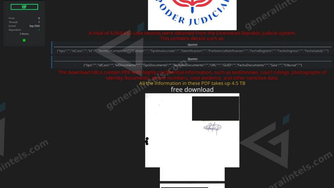 Pantalla con código y logo del Poder Judicial de República Dominicana, representando un ataque cibernético