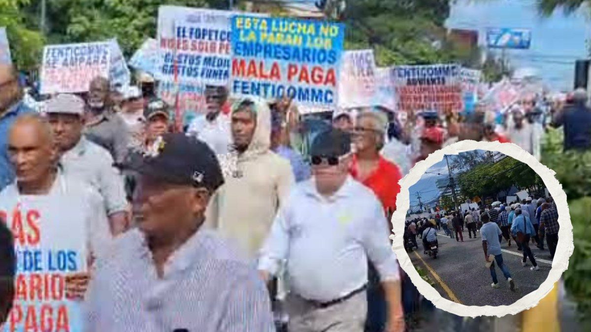 Trabajadores de la construcción marchando en República Dominicana contra la derogación de la Ley 6-86