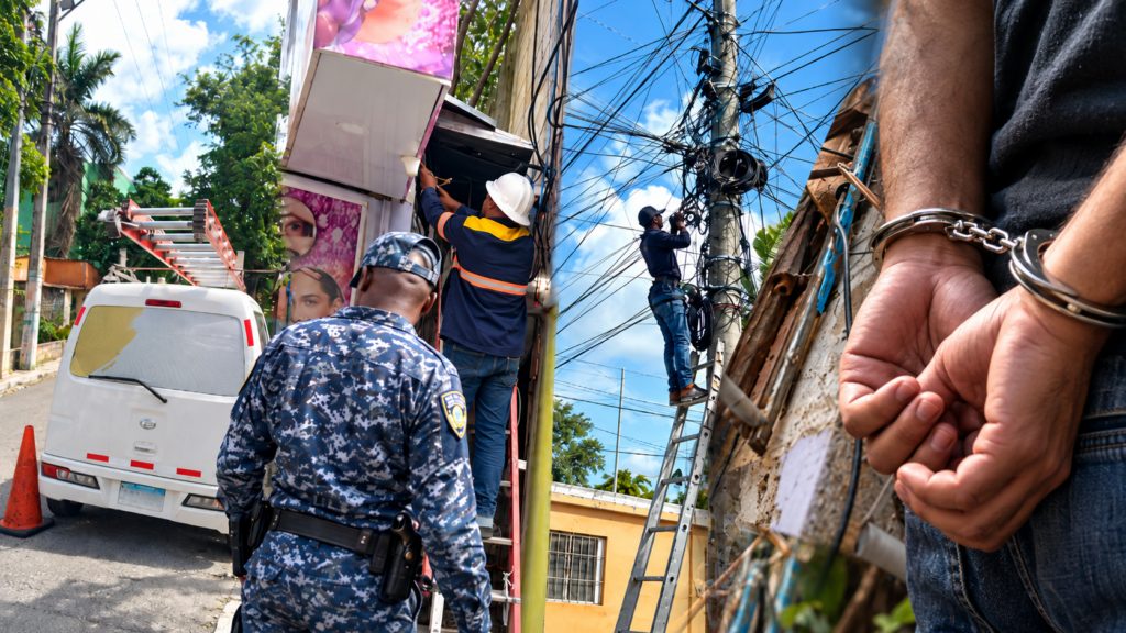 Técnicos de empresa eléctrica revisando instalaciones en poste durante operativo contra fraude eléctrico en República Dominicana