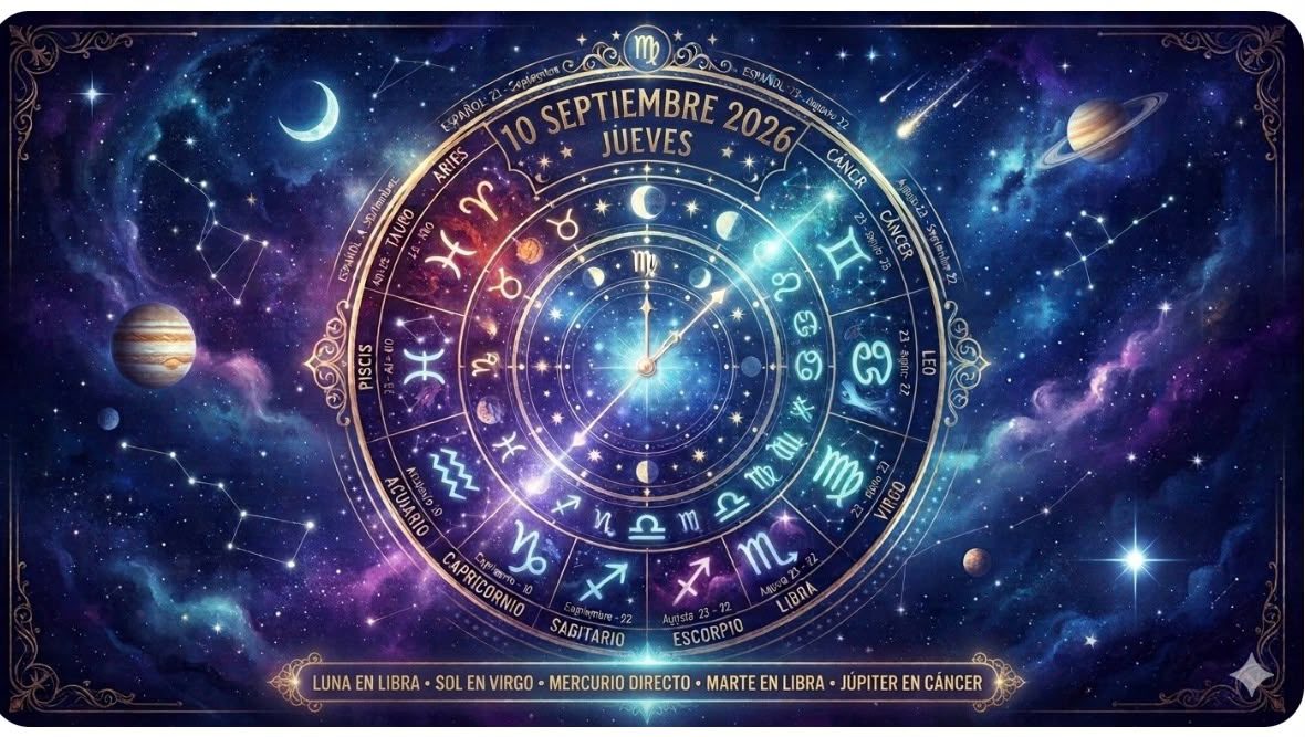 Rueda del zodiaco con los 12 signos astrológicos iluminados sobre fondo oscuro estrellado