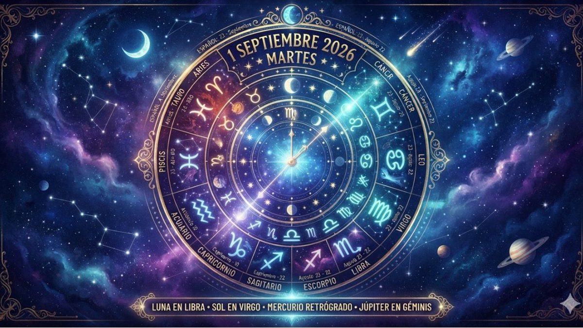 Rueda del zodiaco con los doce signos astrológicos iluminados sobre fondo estrellado para el horóscopo del 1 de septiembre de 2026