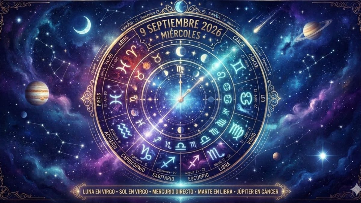 Rueda del zodiaco con los doce signos astrológicos iluminada sobre fondo oscuro estrellado