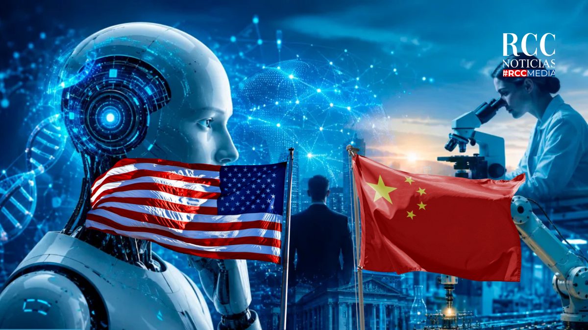 Banderas de Estados Unidos y China frente a pantallas con gráficos de inteligencia artificial