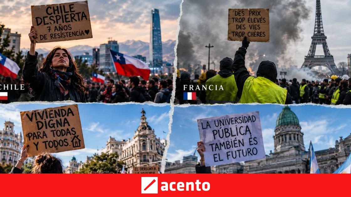 Manifestantes en las calles durante protestas sociales en Francia, España y Argentina en octubre de 2026