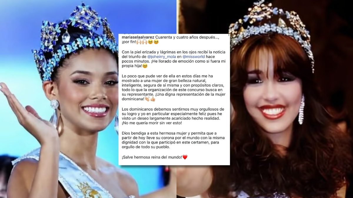 Mariasela Álvarez, primera Miss Mundo dominicana de 1982, celebrando el triunfo de Joheirry Mola en Miss Mundo 2025