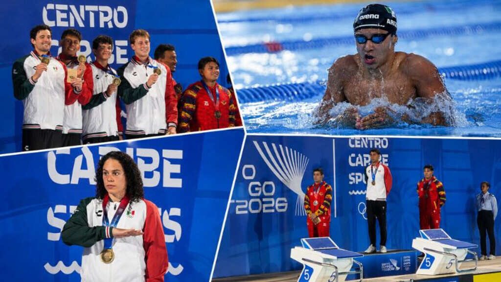 Nadadores mexicanos celebran en la piscina de los Juegos Centroamericanos Santo Domingo 2026
