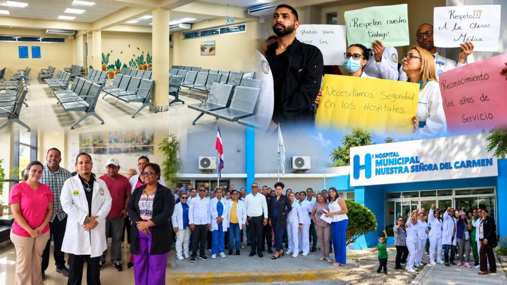 Médicos concentrados frente a un hospital dominicano durante el paro nacional del CMD el 13 de octubre de 2026