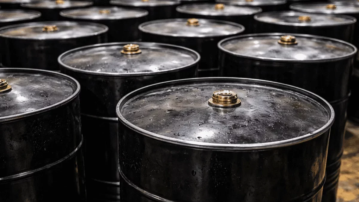 Barriles de petróleo crudo con gráfica de precios del WTI en descenso