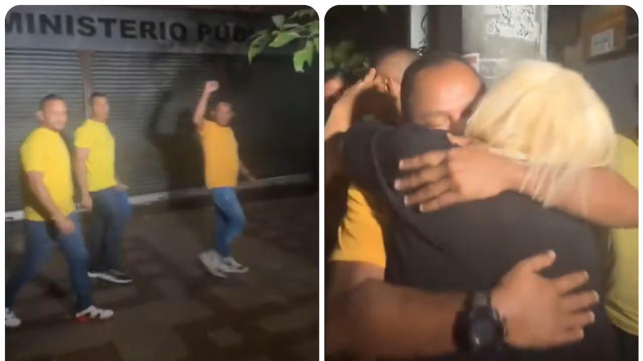 Militares venezolanos saliendo de la cárcel de Ramo Verde en Los Teques tras ser excarcelados