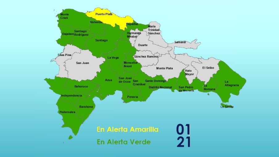 Mapa de República Dominicana con provincias en alerta amarilla y verde por vaguada el 22 de octubre de 2026