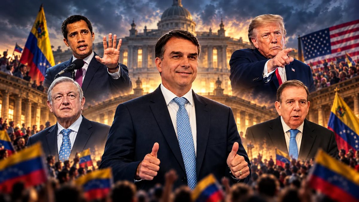 Montaje con los rostros de Flávio Bolsonaro, López Obrador, Trump, González Urrutia y Guaidó en contexto electoral