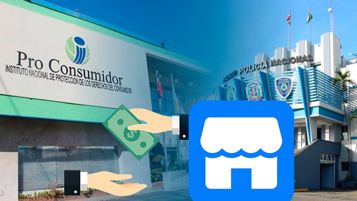 Teléfono celular sobre pantalla con interfaz de Facebook Marketplace y logotipo de la Policía Nacional dominicana al fondo