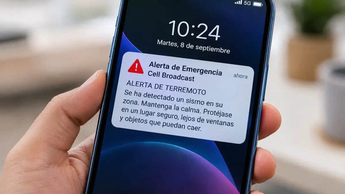 Pantalla de celular mostrando alerta de emergencia Cell Broadcast con fondo de mapa de República Dominicana
