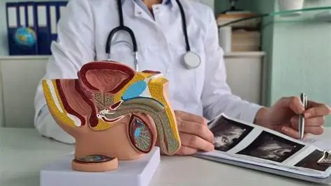 Frascos de suplementos herbales junto a una ilustración de la próstata sobre un escritorio médico