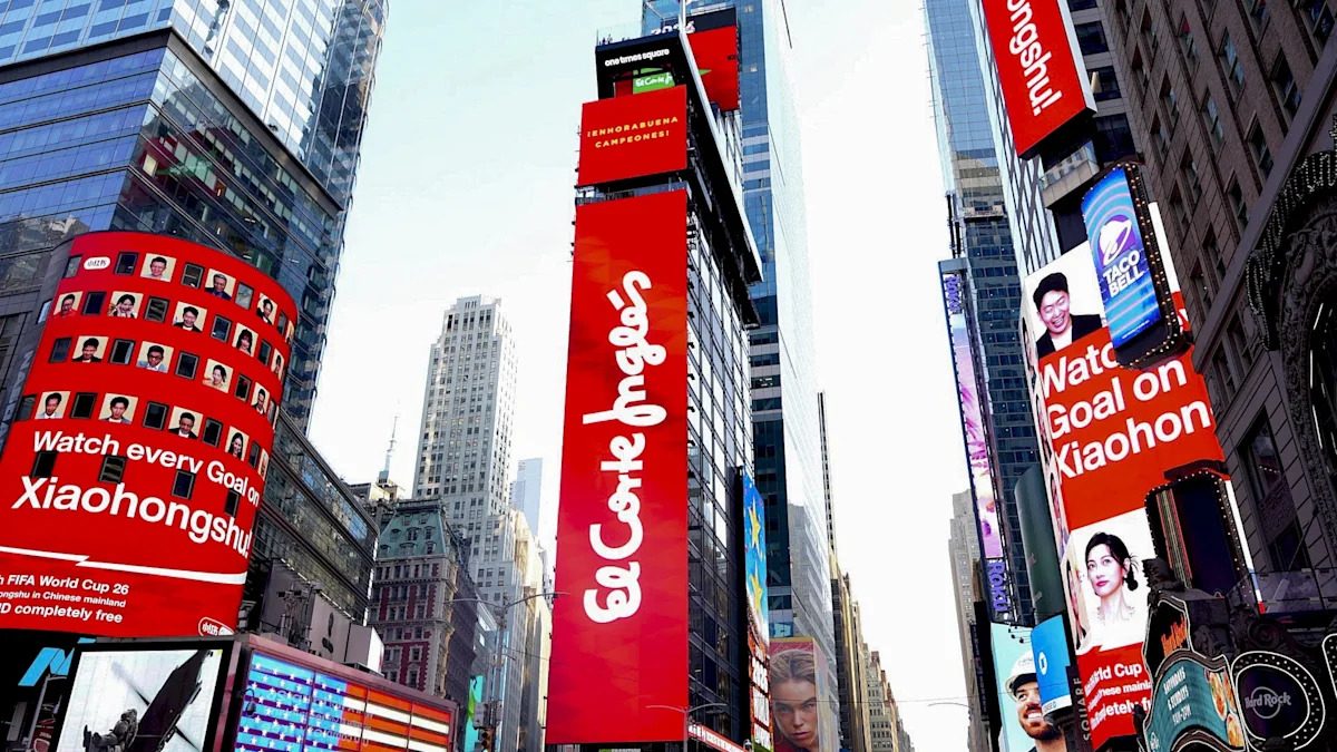 Aficionados españoles celebran el título mundial en Times Square, Nueva York, entre banderas rojas
